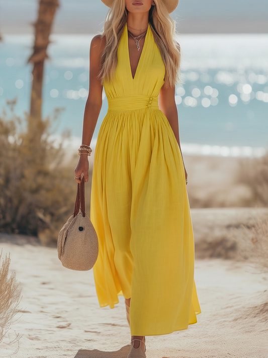 Soleia | Boho Halter Diepe V-hals Geplooide Maxi Jurk