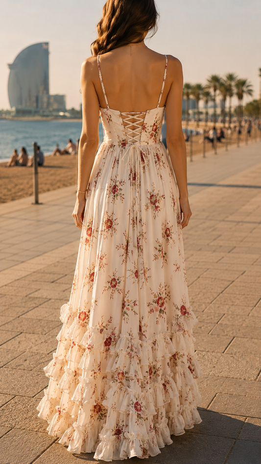 Aurelia | Bloemenprint Corset Spaghettibandjes Ruche Maxi Jurk met Zijsplit