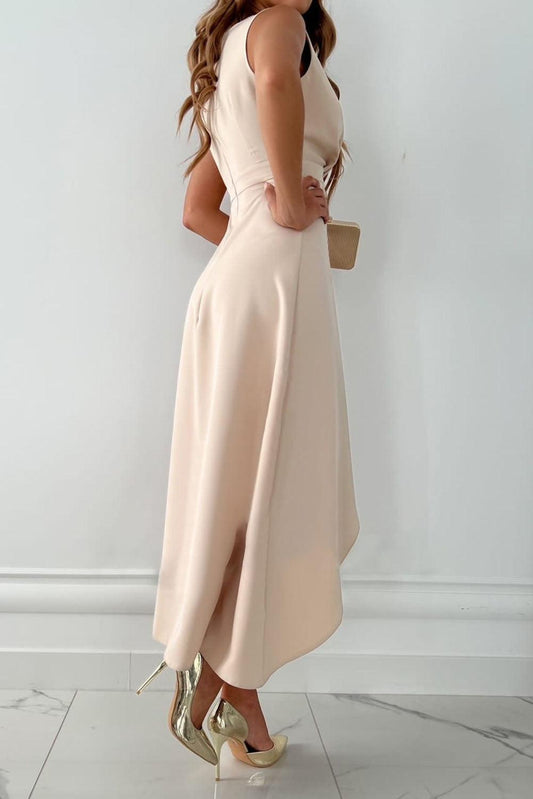 Liora | Elegante V-hals Mouwloze Ruche Midi Wikkeljurk