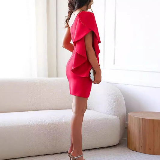 Valerie | Elegante One Shoulder Ruche Bodycon Mini Jurk