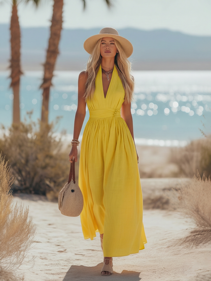 Soleia | Boho Halter Maxi Jurk in Zachte Linnenmix