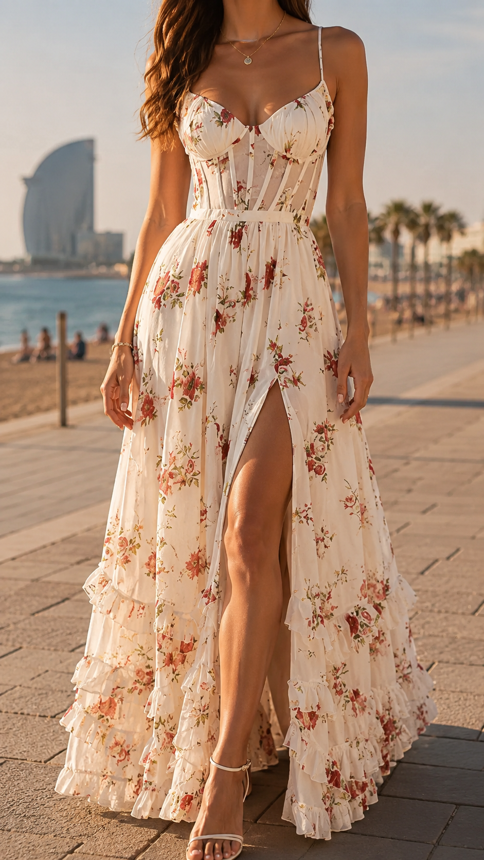 Isabella | Bloemen Corset Maxi Jurk met Zijsplit