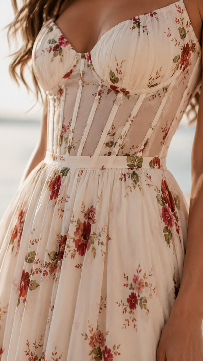 Isabella | Bloemen Corset Maxi Jurk met Zijsplit