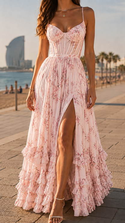 Isabella | Bloemen Corset Maxi Jurk met Zijsplit