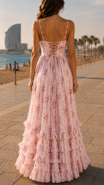 Isabella | Bloemen Corset Maxi Jurk met Zijsplit