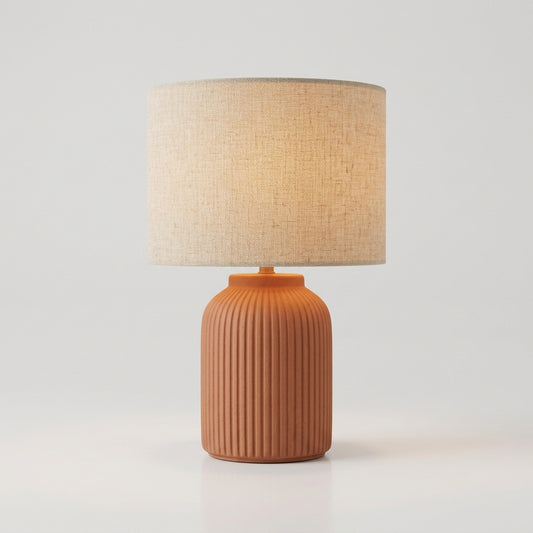 Keramieken Tafellamp Terracotta met Linnen Kap | Nachtlamp